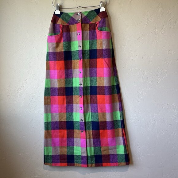 Vintage Plaid Wool Skirt Button Down Midi Checkered Bright Preppy S Academia - Picture 1 of 8